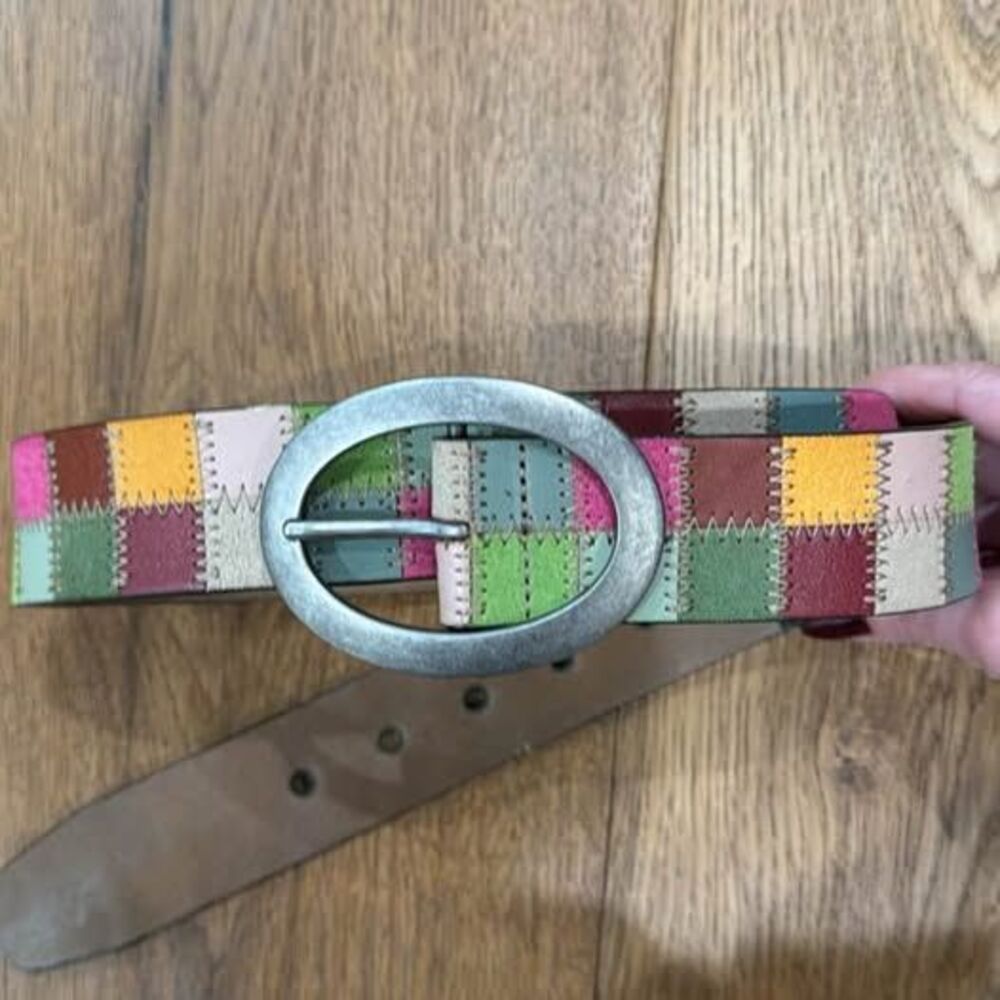 Vintage Y2K Fossil Patchwork Leather Belt Small Multicolor Checkerboard Tile Gri
